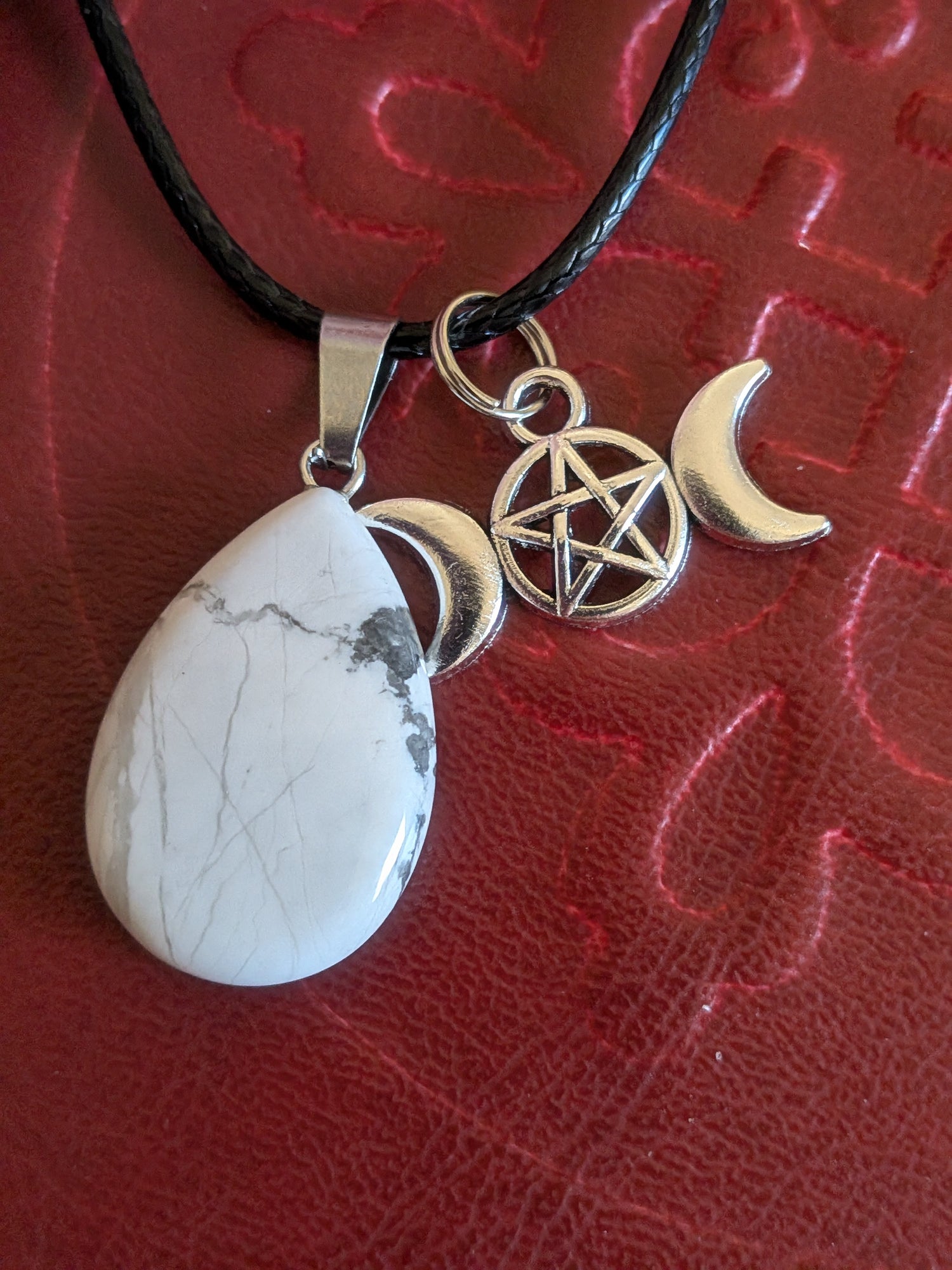 Howlite Pendant Necklace - Calming, Patience, and Peace- with a triple Goddess charm
