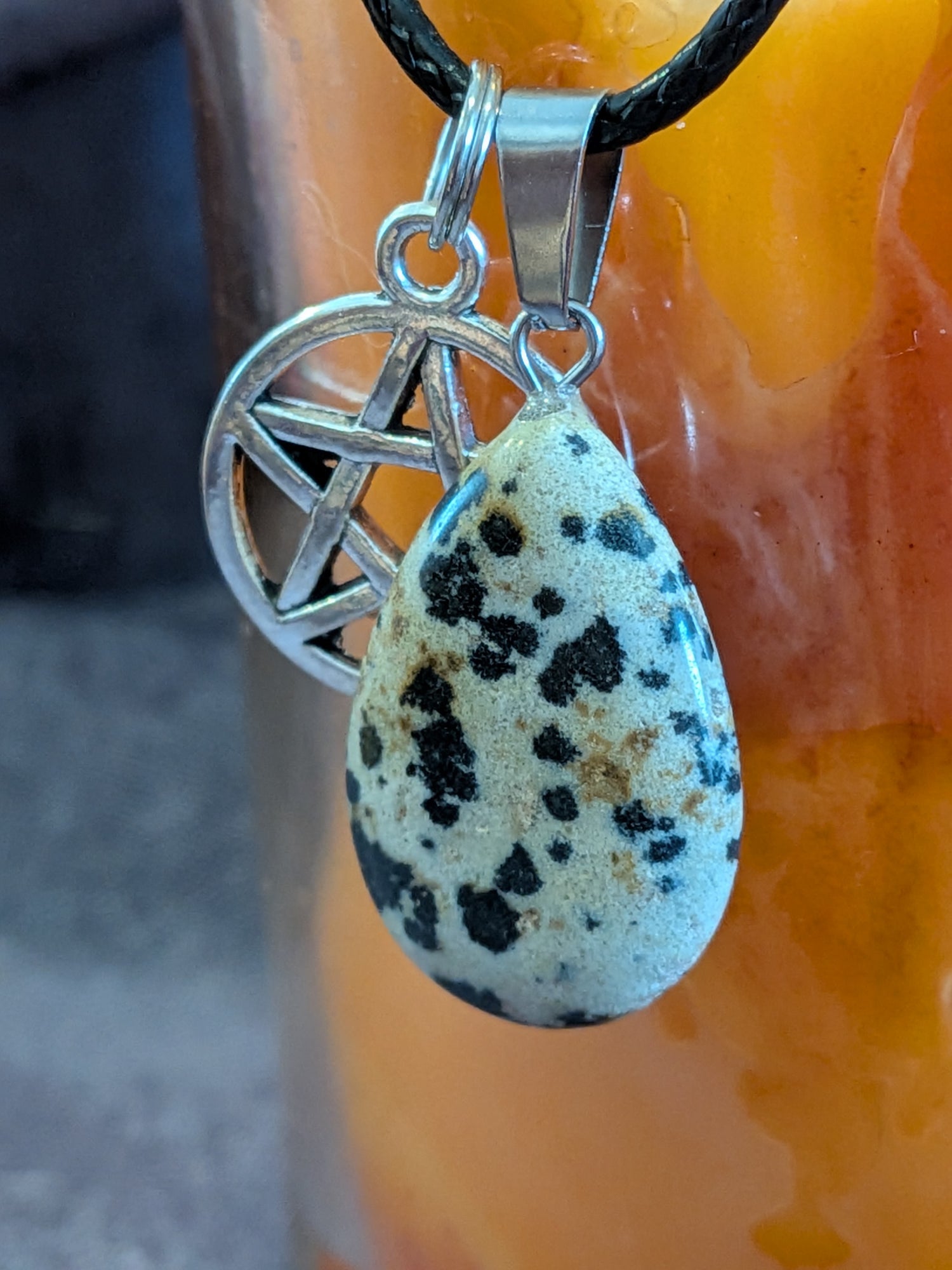 Dalmatian Jasper Pendant Necklace - Protection, Grounding, Joy- with Pentacle Charm