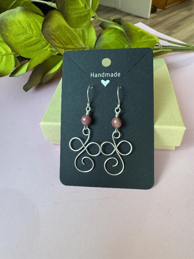 Handmade Silver Wire Wrapped Scroll Earrings with Rhodochrosite Gemstones