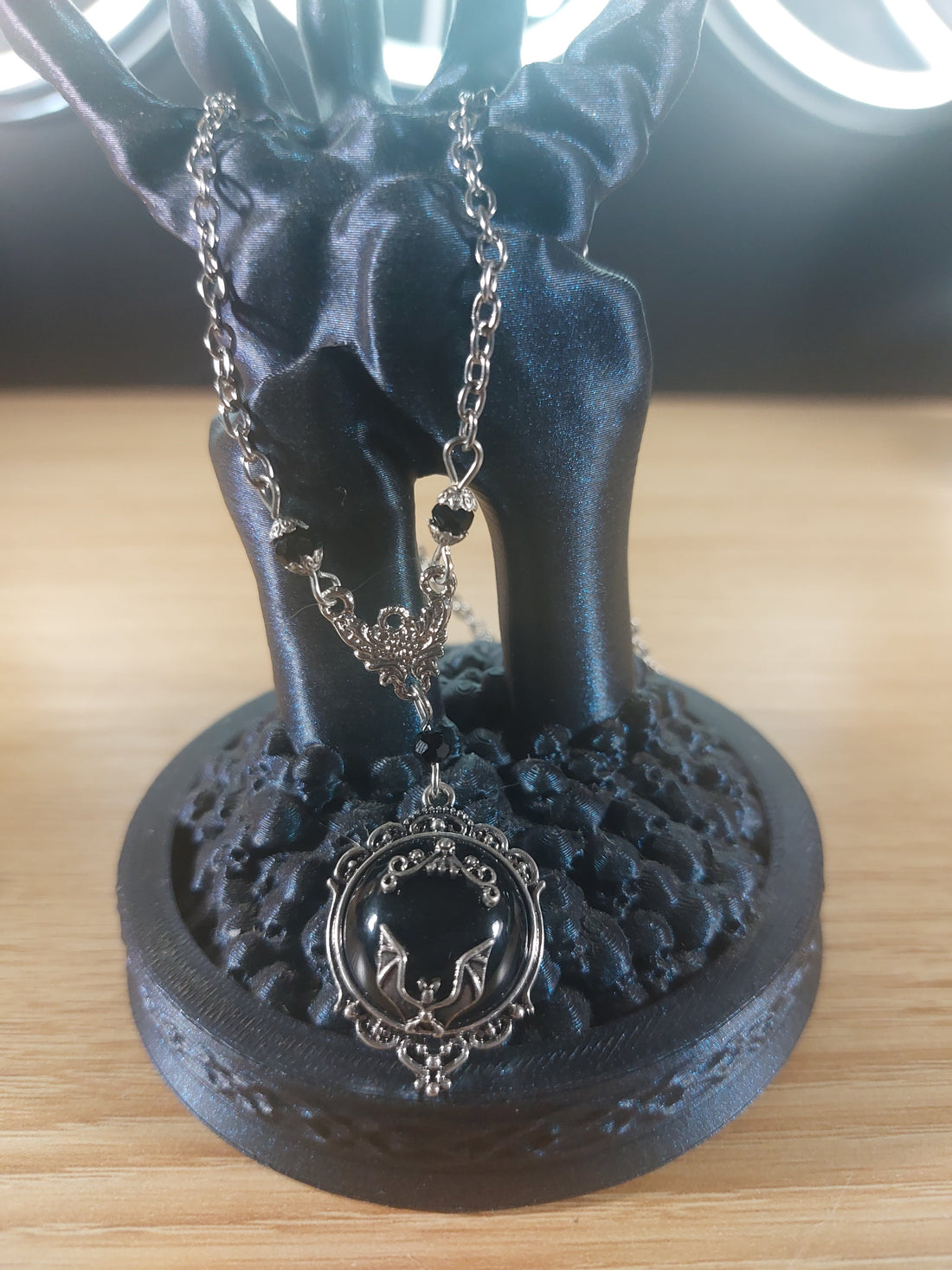 Black Bat Accent on Silver Tone necklace