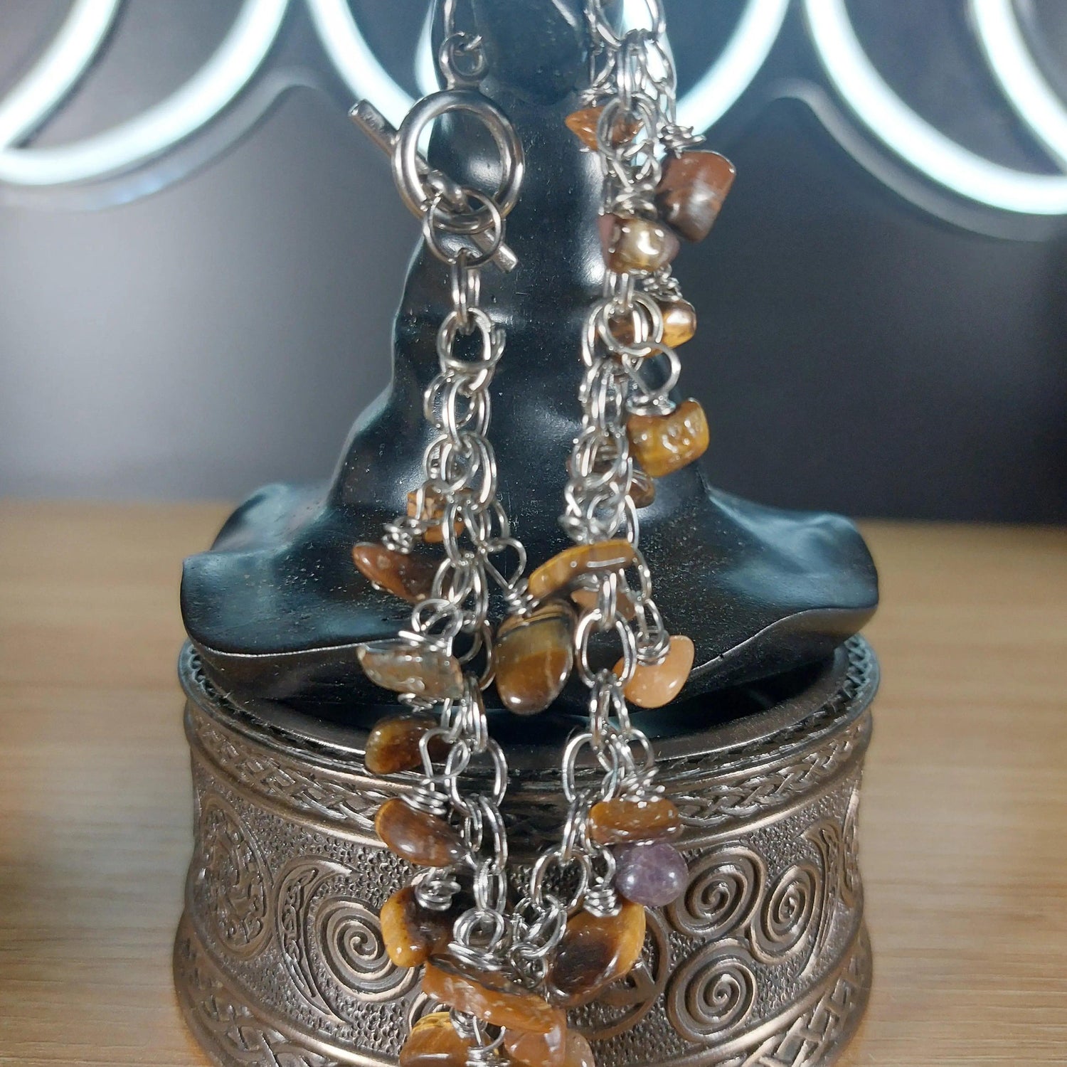 Tigers Eye chip bracelet, approximately 8in, with stainless steel chain and natural brown-gold stones.