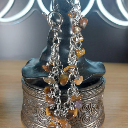 Tigers Eye chip bracelet, approximately 8in, with stainless steel chain and natural brown-gold stones.