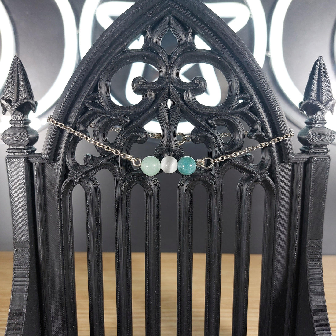 Silver tone Virgo power stone bracelet with selenite, green aventurine, and moss agate beads.
