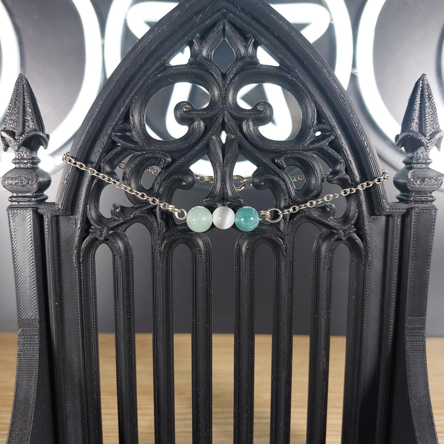Silver tone Virgo power stone bracelet with selenite, green aventurine, and moss agate beads.