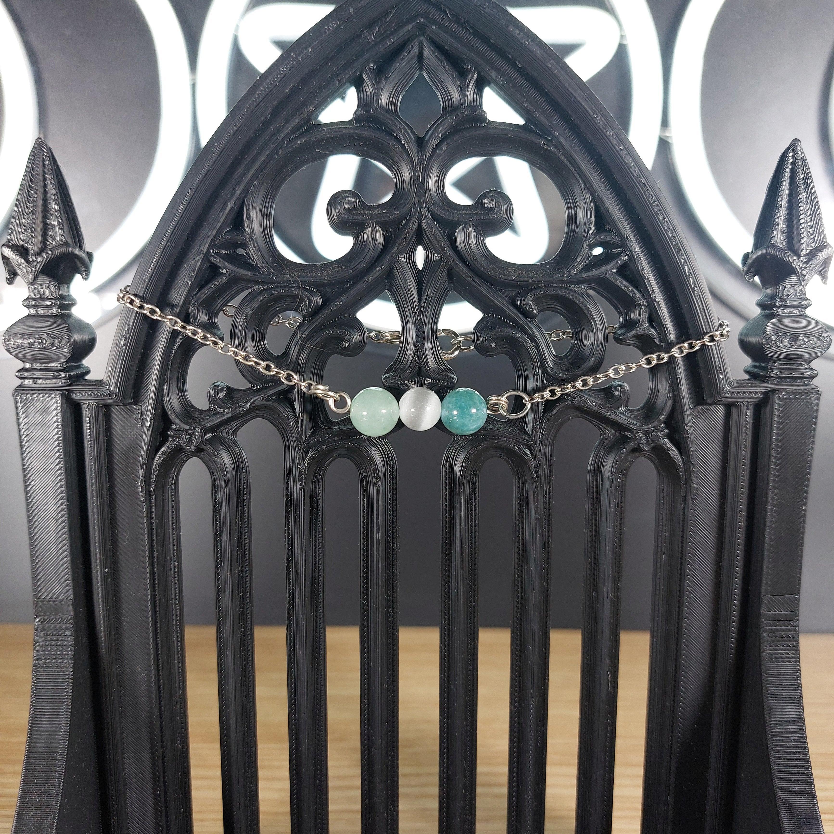 Silver tone Virgo power stone bracelet with selenite, green aventurine, and moss agate beads.