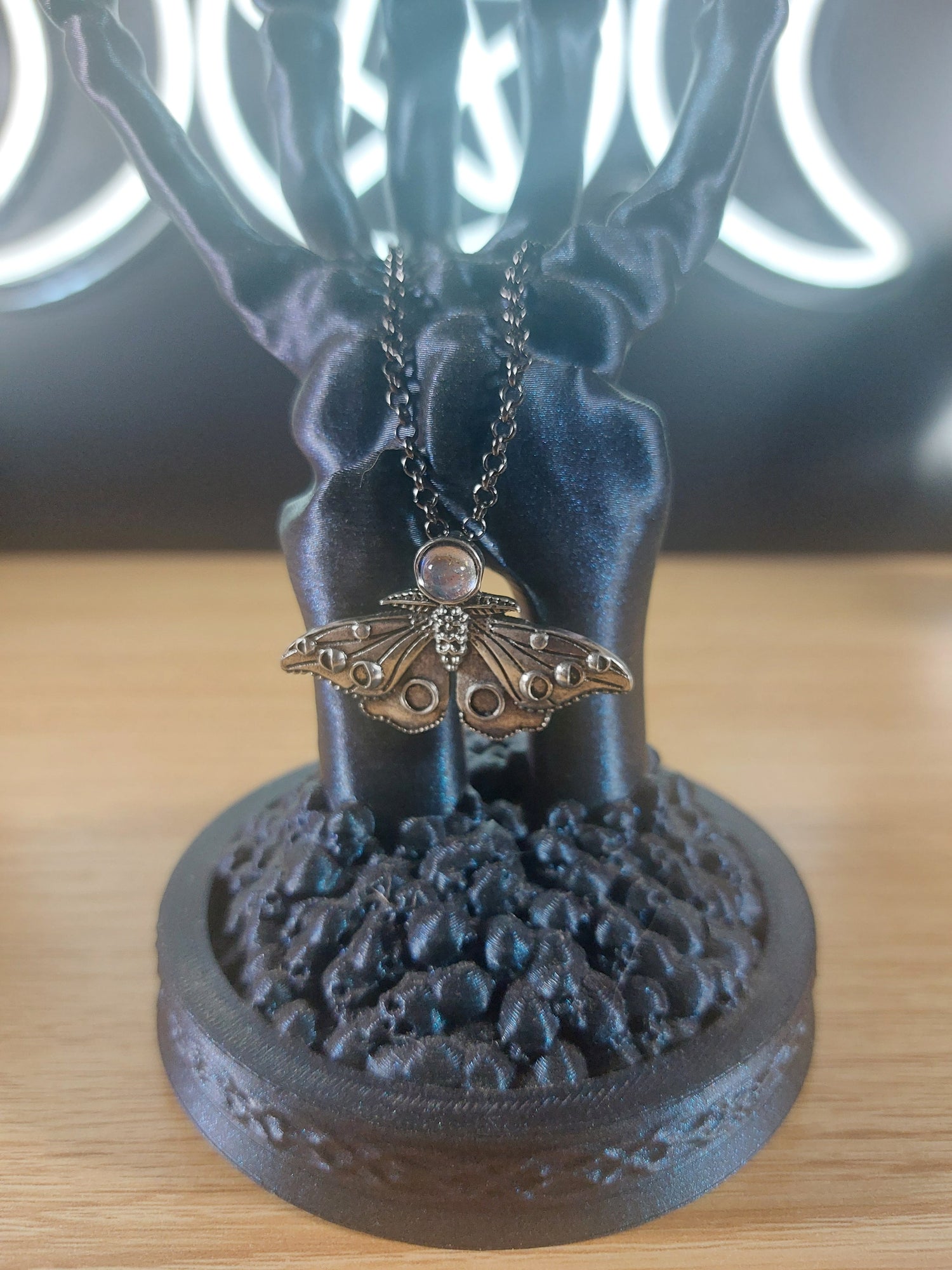 Gun Metal Silver Moth with Rhinestone  Necklace