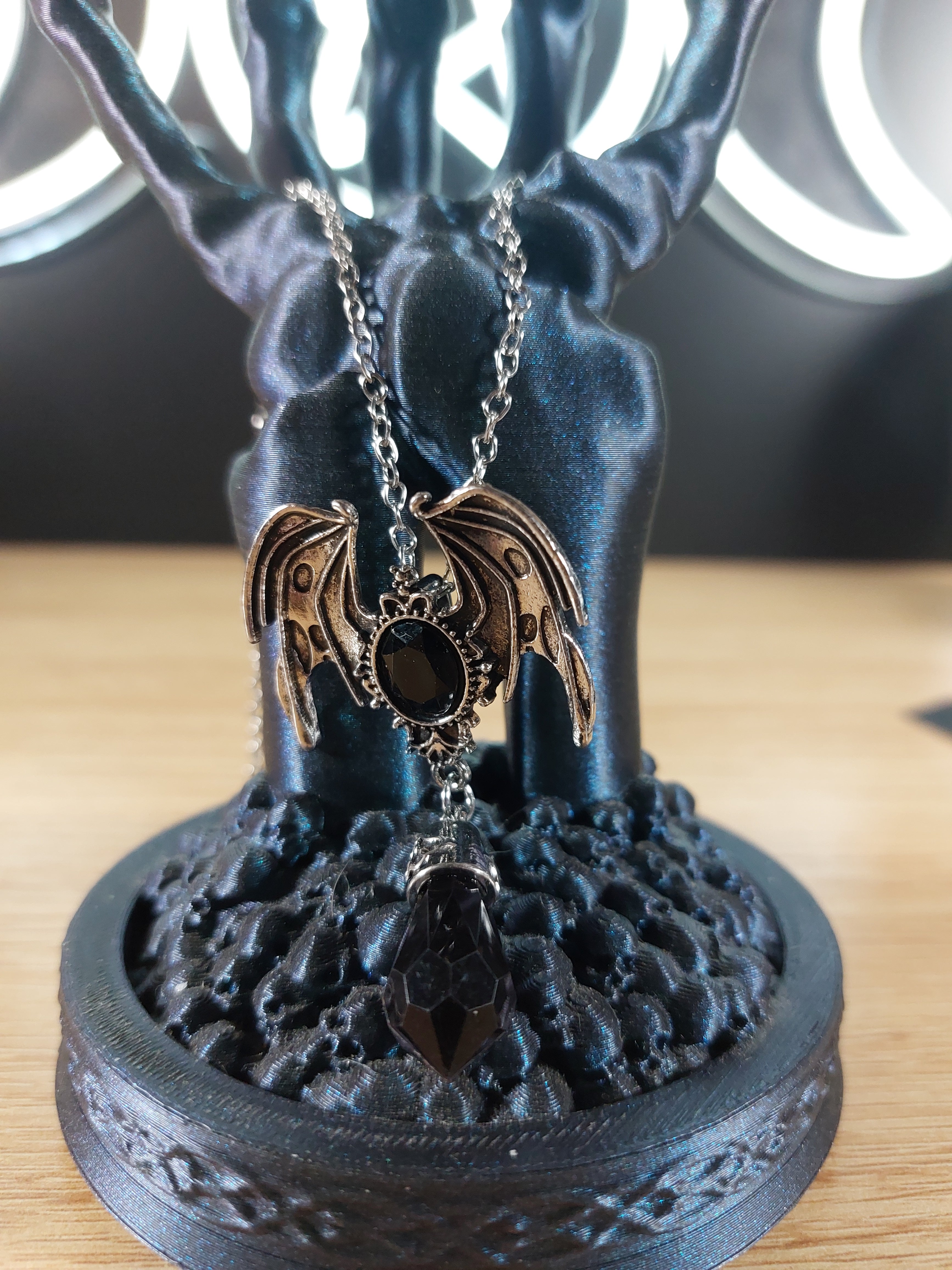 Gothic Silver Tone Bat with Black Rhinestone Accents Necklace