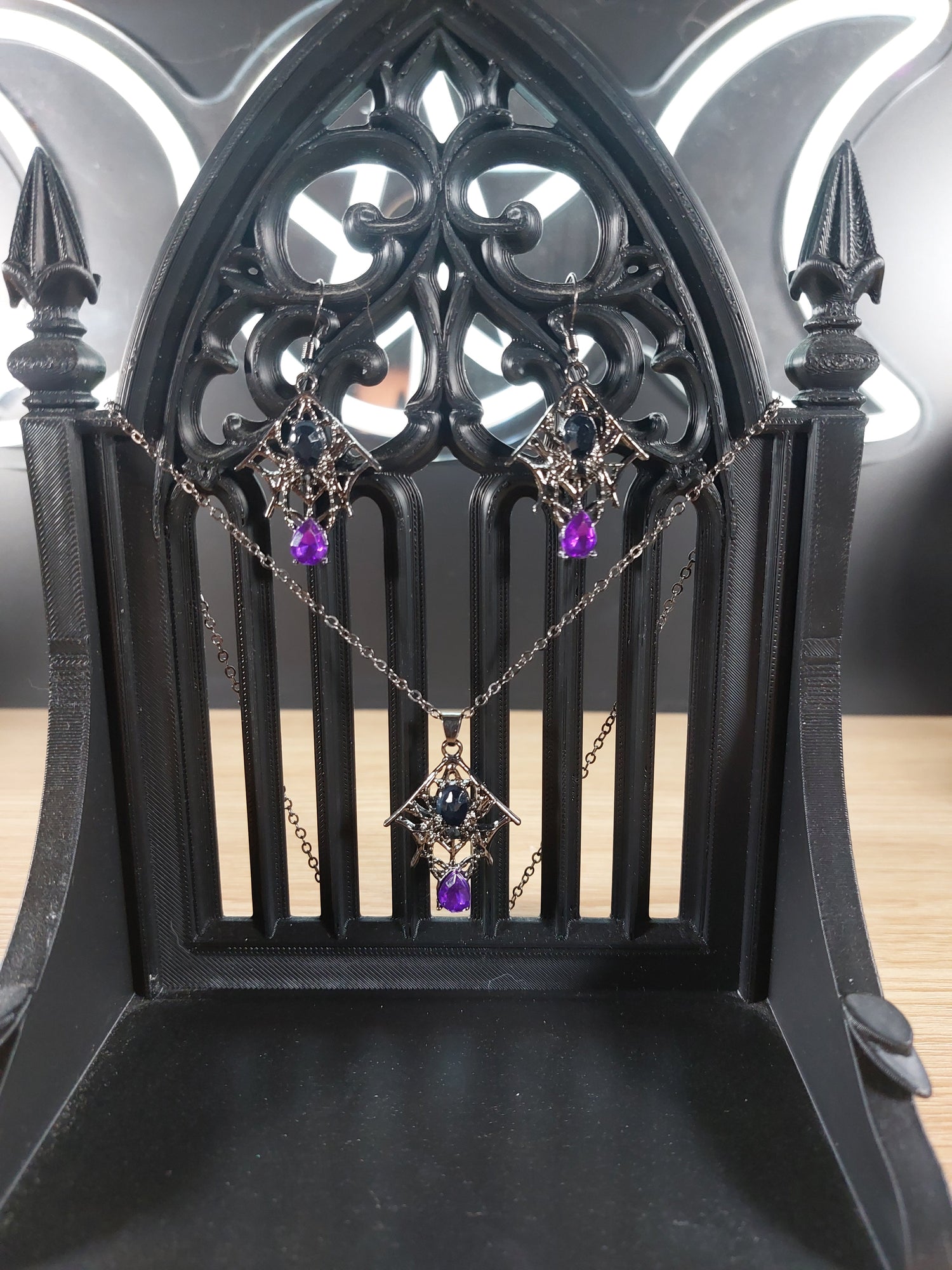 Gunmetal Color Spiderweb &amp; Spider Web Earrings Set