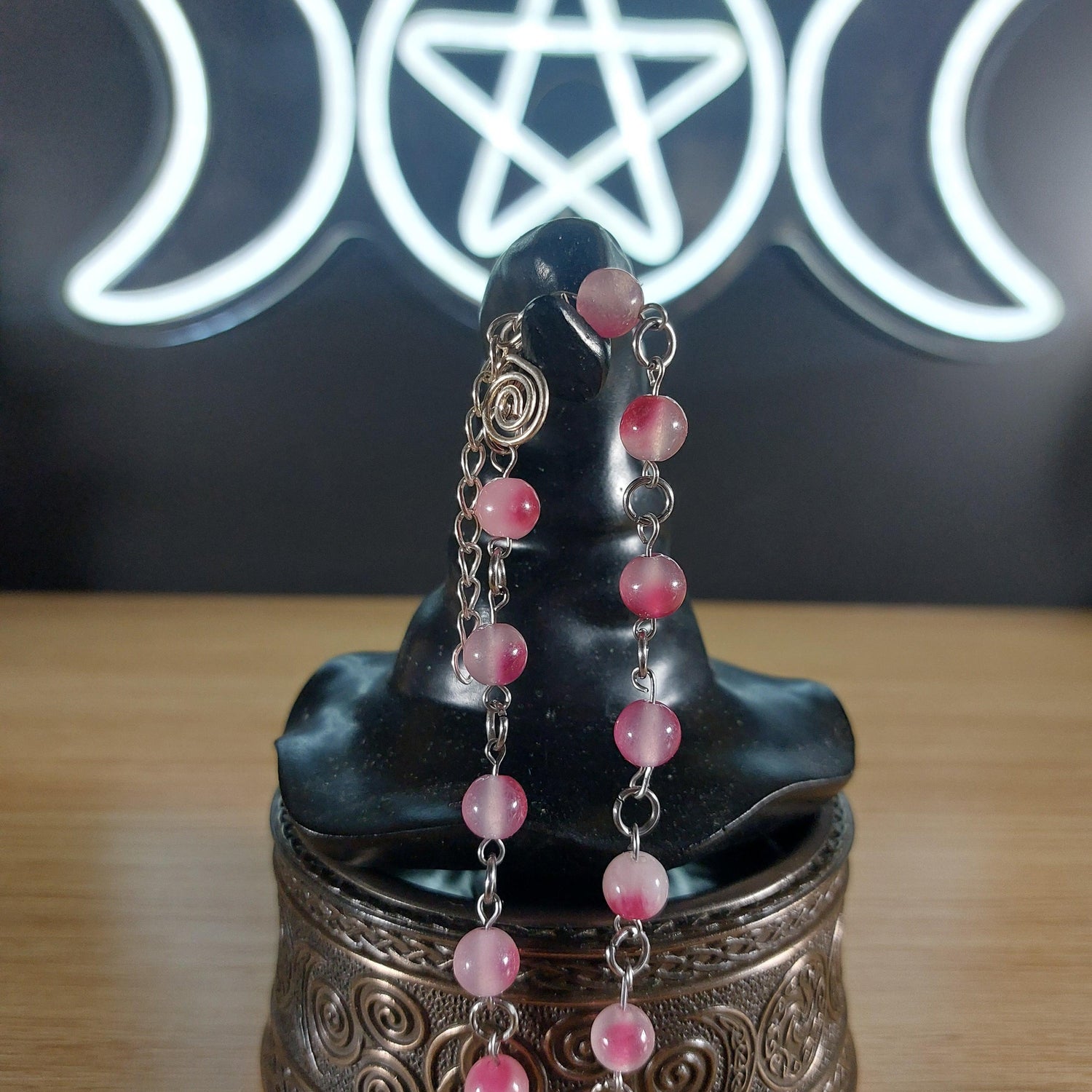 Cherry blossom jade beaded crystal bracelet with stainless steel chain, findings, and swirl charm.