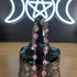 Cherry blossom jade beaded crystal bracelet with stainless steel chain, findings, and swirl charm.