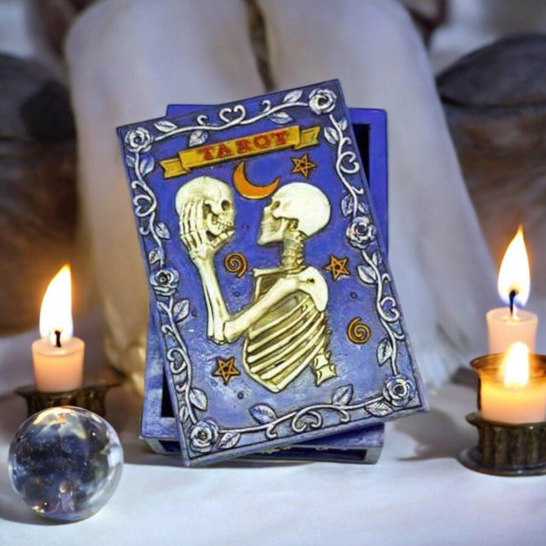 Skeleton Skull Tarot Card Storage Box – Hand-Painted Resin Keepsake Box