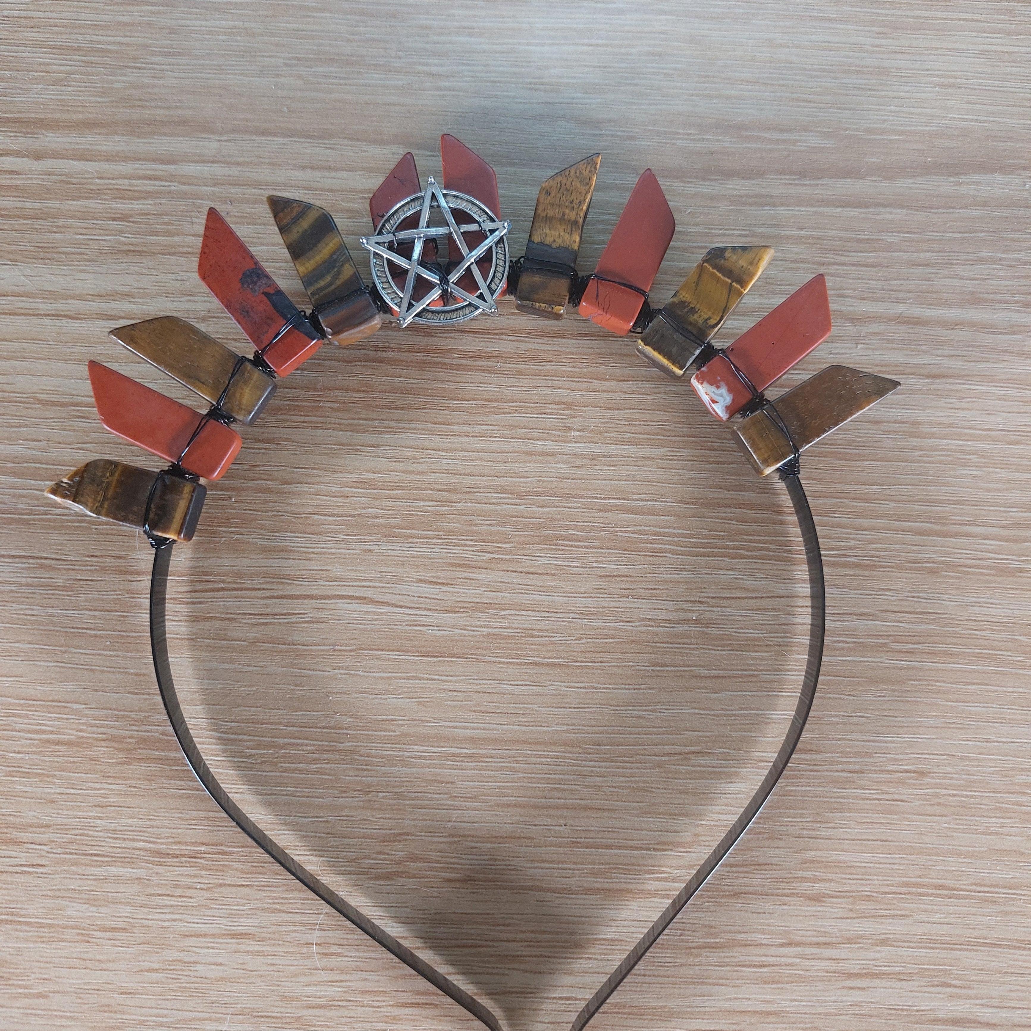 Tigers eye and red jasper crystal crown with a silver pentagram on a black headband.