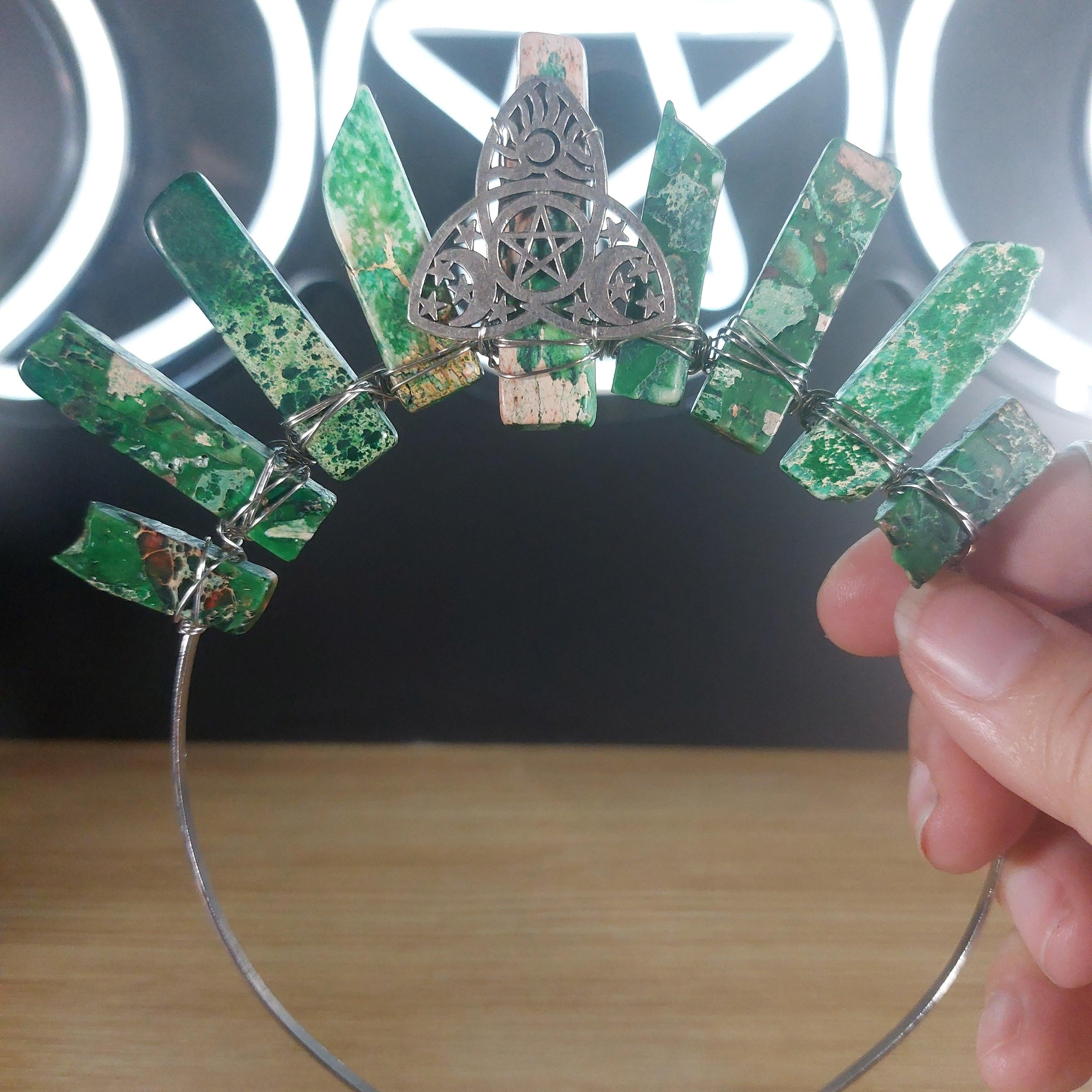 Moss agate crystal crown on a silver headband with silver wire, featuring a central Celtic knot design.