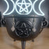 Smoky quartz crystal beaded dangle earrings in a black cauldron, with a glowing Triple Moon symbol in the background.