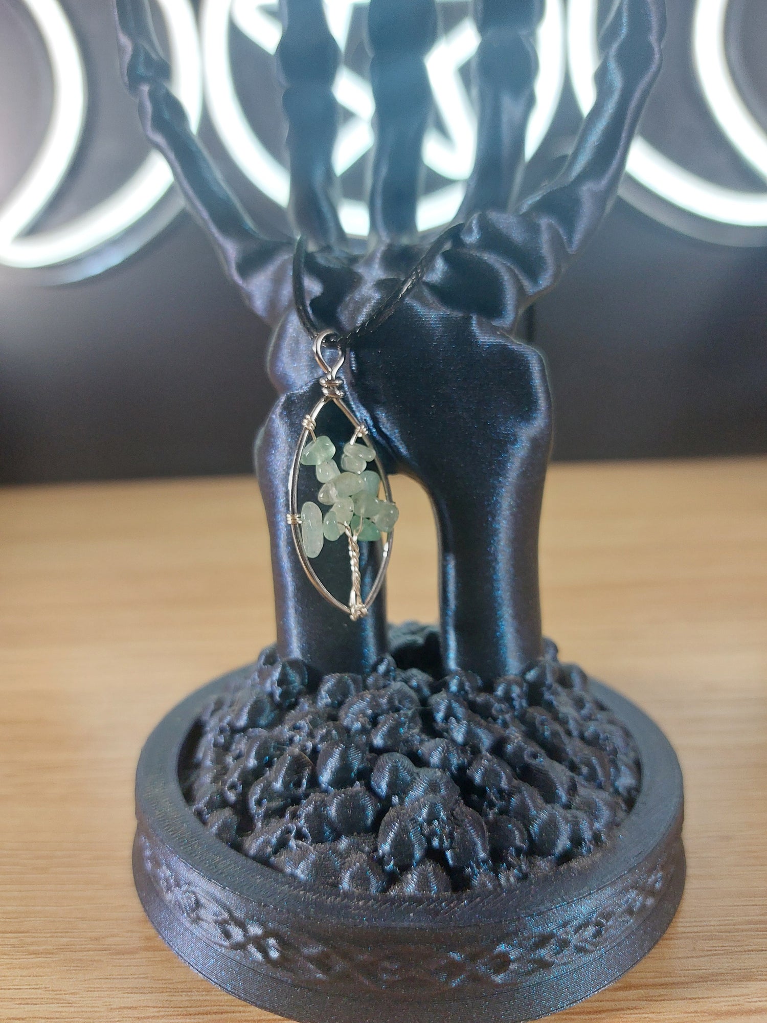 Green Aventurine Silver Tone Wire Wrapped Tree of Life Style Necklace