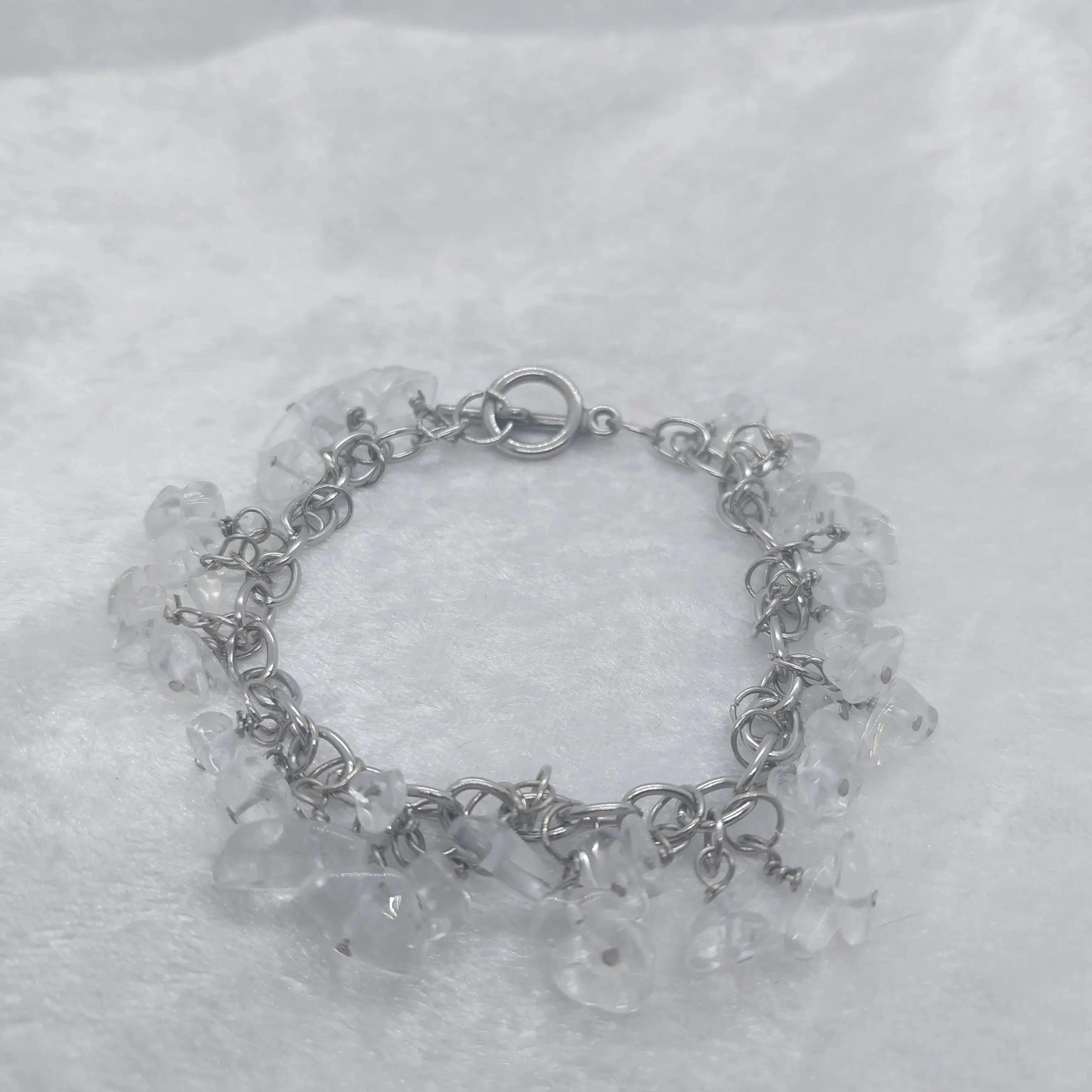 Clear quartz chip bracelet on a stainless steel chain, approximately 8 inches long.