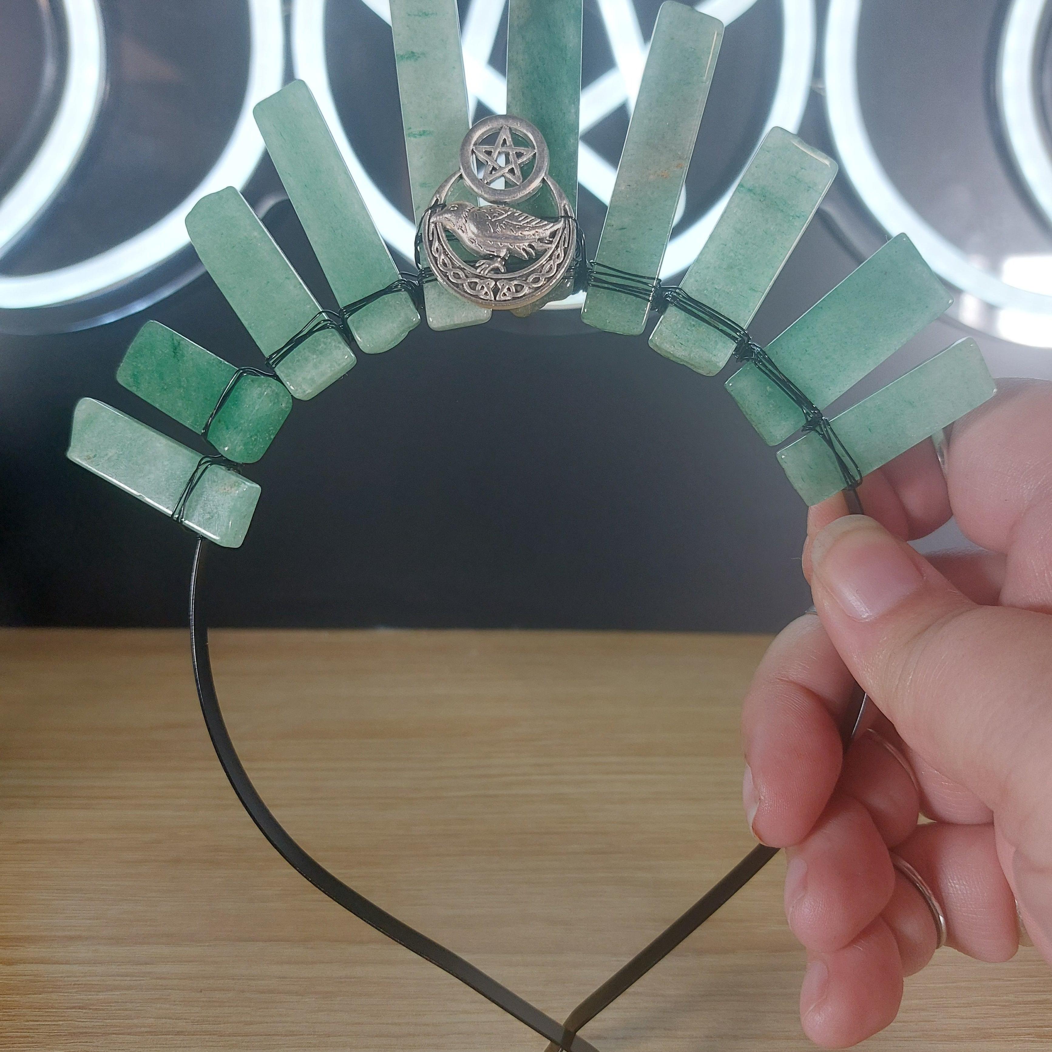 Green aventurine crystal crown headband with black wire and a silver pentagram charm.
