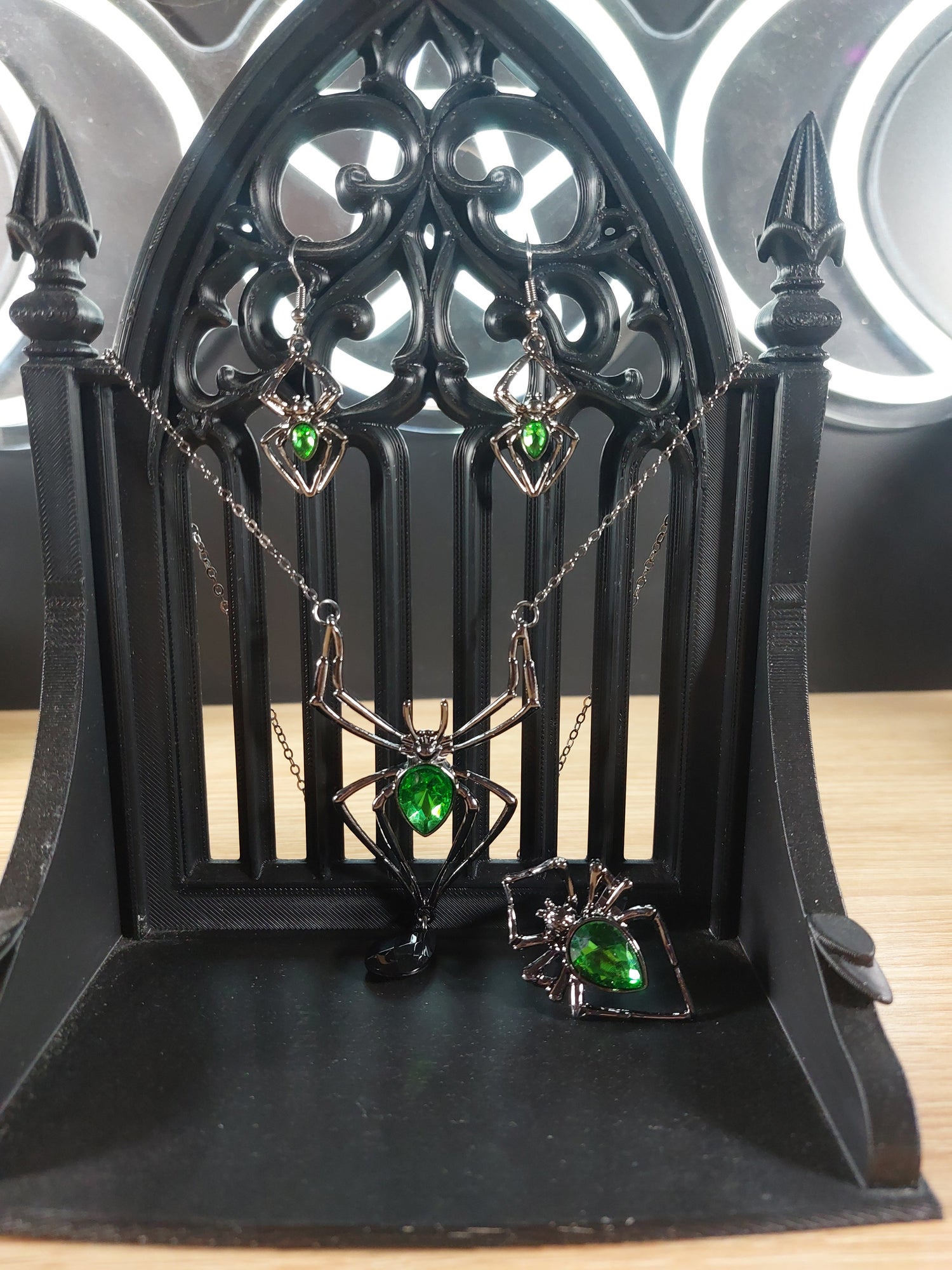 Large Silver Tone Spider with Green Accents Necklace