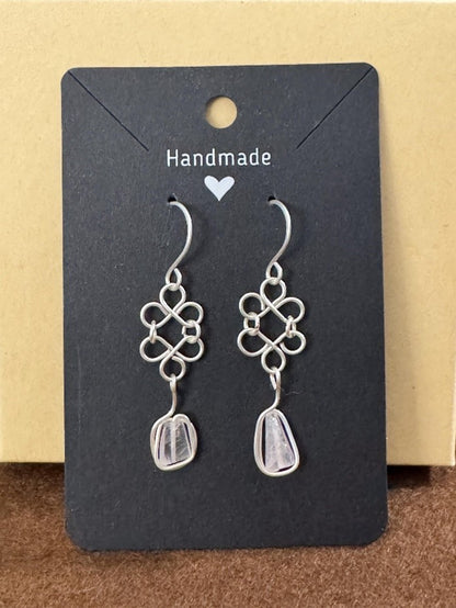 Handmade Silver Wire Wrapped Earrings with Rose Quartz Chip Crystals.