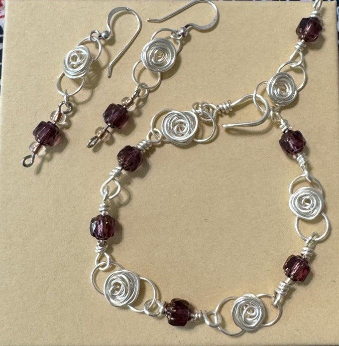Handmade Silver Wire Wrapped Rose Bracelet and Earring Set with Purple Beads