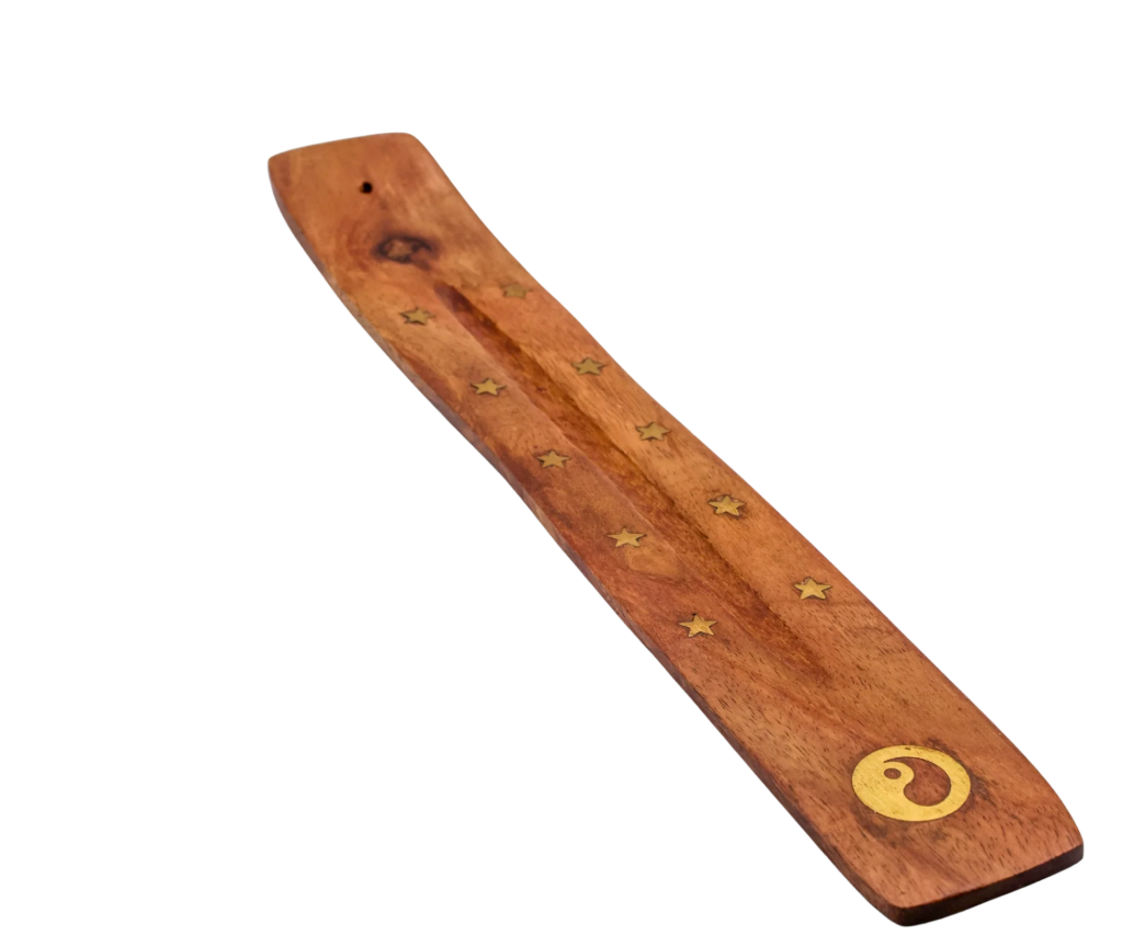 Wood Incense Tray — Brass Inlay Moon, Peace, or Yin Yang (Stick Burner)