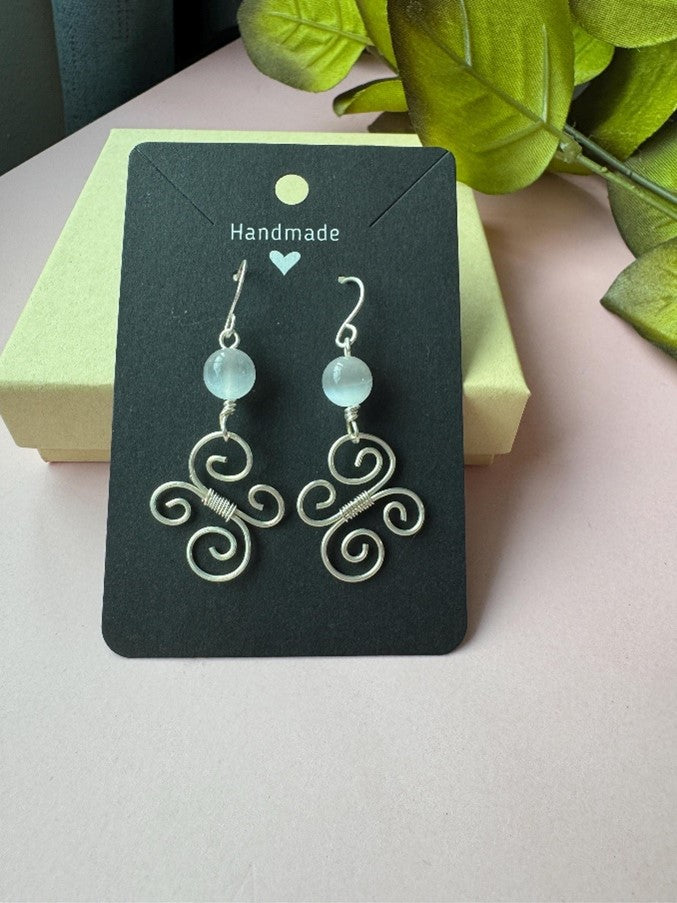 Handmade Wire Wrapped Silver Swirly Earrings with Selenite Gemstones