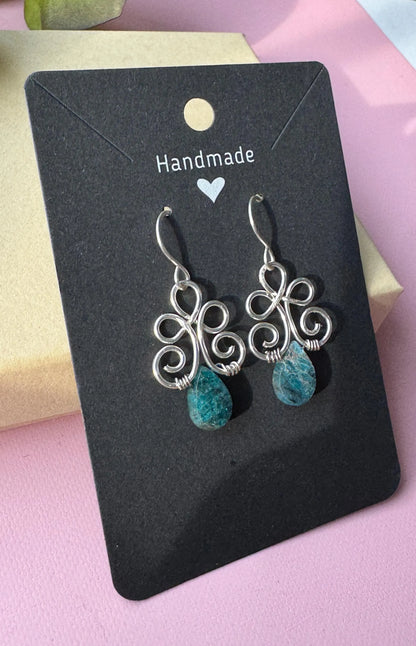 Handmade Silver Wire Wrapped Earrings, Blue Apatite Teardrops
