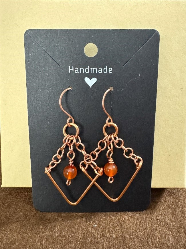 Handmade Wire Wrapped Copper Triangle Statement Earrings with Red Agate Gemstones