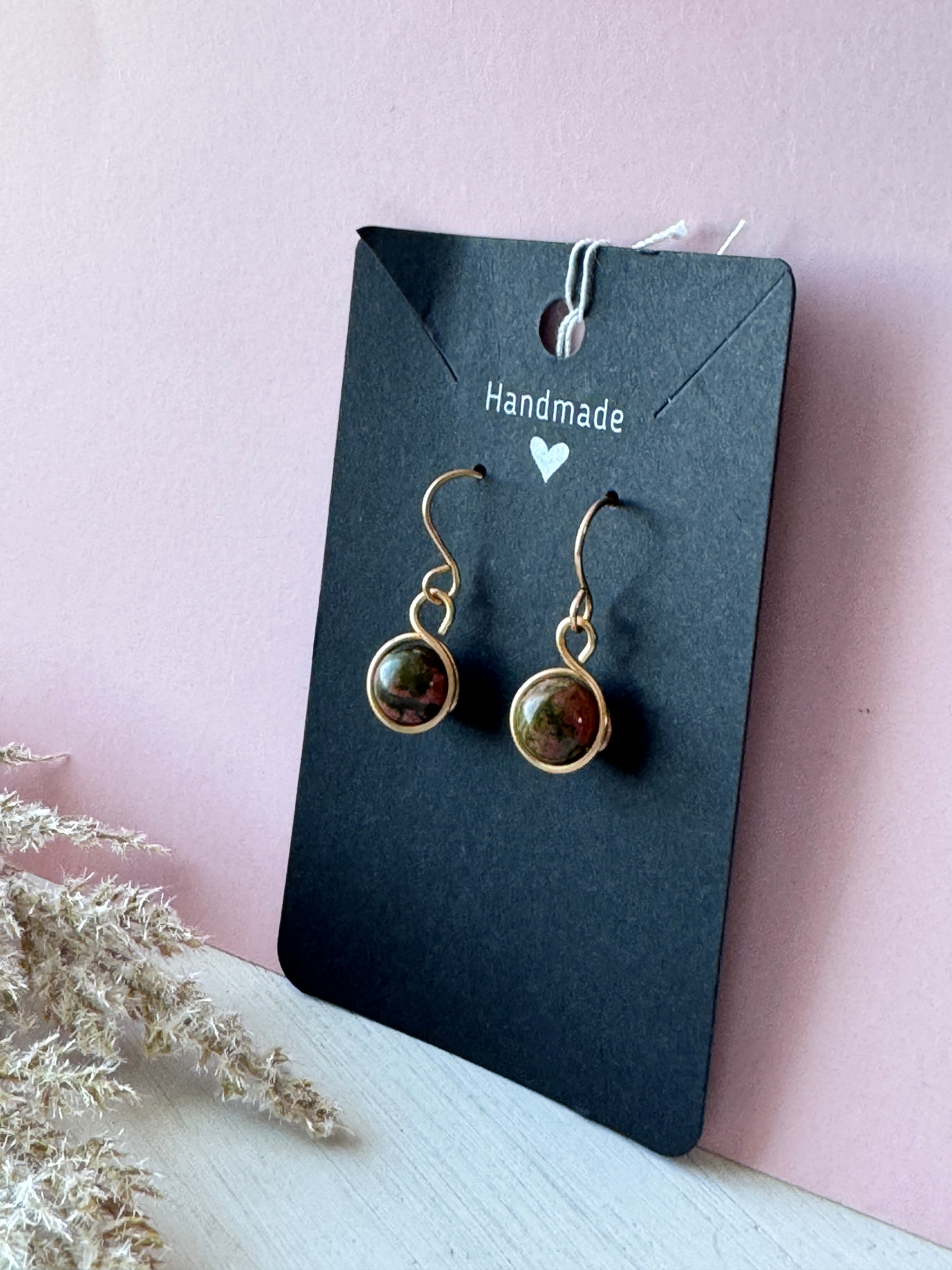 Gold Wire Wrapped Minimalist Earrings with Unakite Gemstones