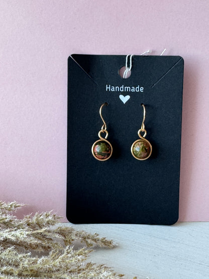 Gold Wire Wrapped Minimalist Earrings with Unakite Gemstones