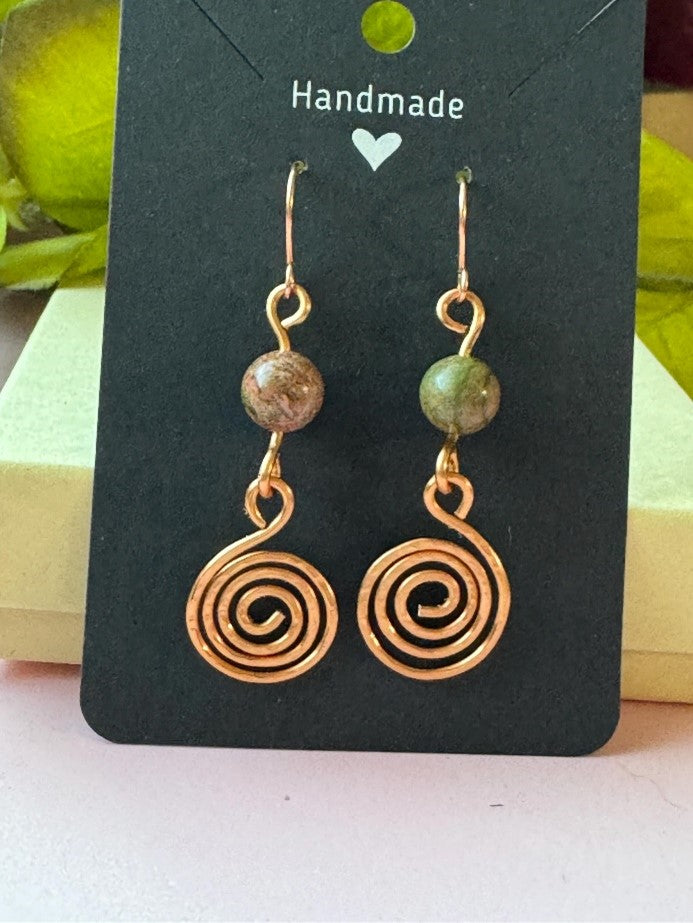 Handmade Wire Wrapped Copper Spiral Earrings with Unakite Gemstones.