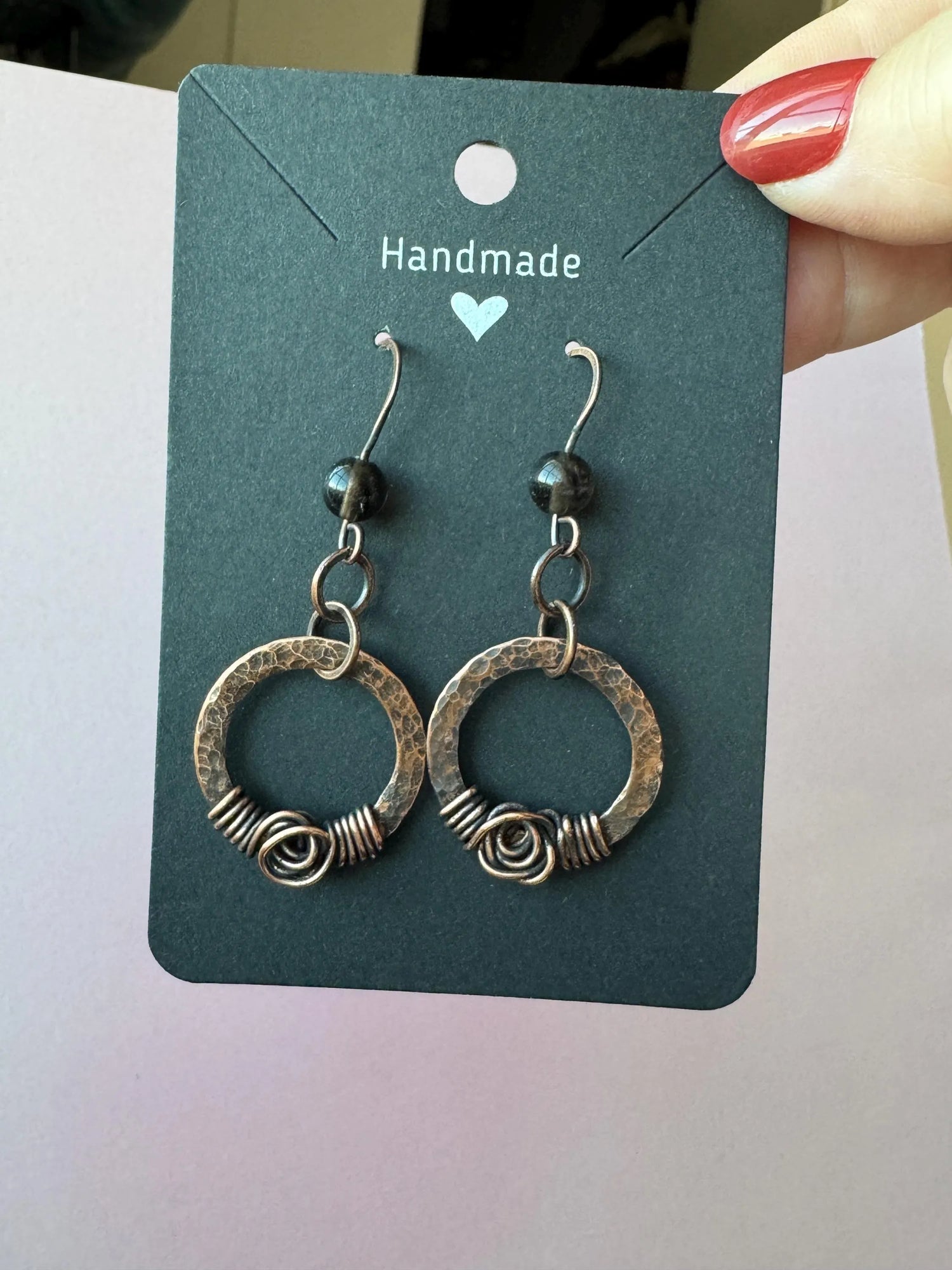 Hammered Copper Hoop Earrings with Smoky Quartz Gemstones