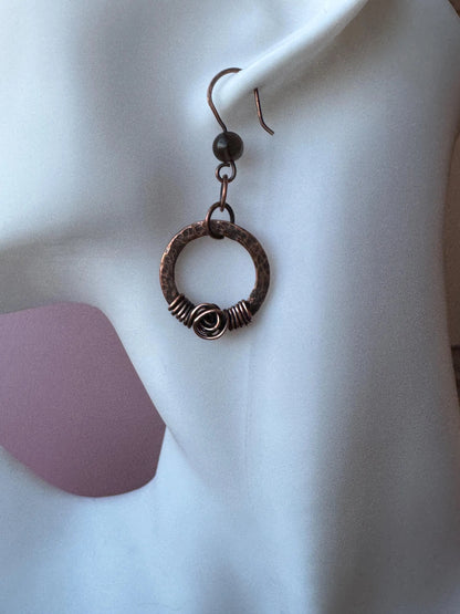 Hammered Copper Hoop Earrings with Smoky Quartz Gemstones